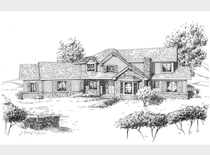 Pen and ink perspective drawing for a custom homebuilder in Colorado.