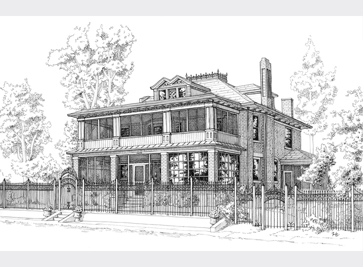Commissioned pen and ink rendering of an old Victorian home in Denver, roughly 11 x 17.