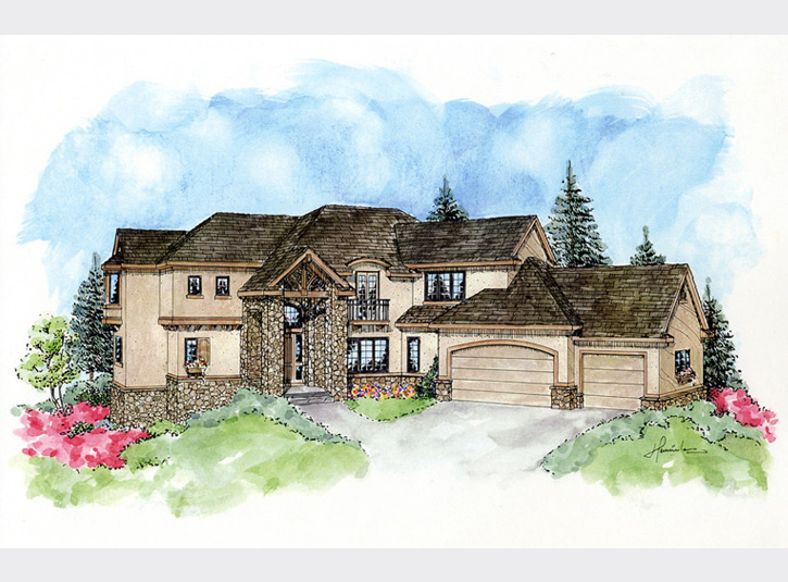 Perspective rendering for a custom home builder. Watercolor over pen and ink, 11 x 17.
