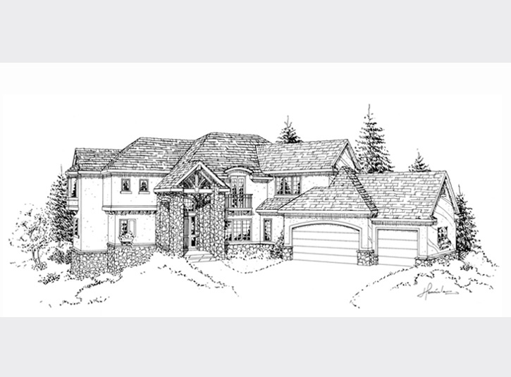 Original pen and ink drawing of the same house. The pen and ink drawing are done on 11 x 17 matte finish mylar, then photocopied onto cardstock for watercolor.