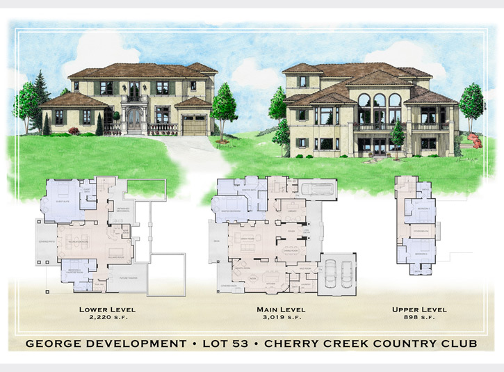 Final presentation drawing for a custom home builder, including three floorplans and watercolor front and rear elevations of the house. Approximately 30 x 40.