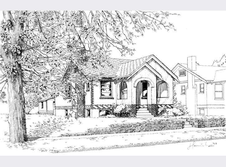 Pen and ink rendering for a custom builder for a remodel project in the Highlands in Denver. Since this was an existing house getting a facelift, I was able to use existing elements such as the tree and neighboring house to give it real context.