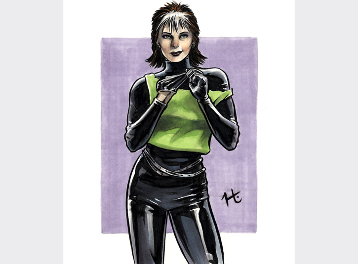 Two hour sketch of X-Men's Rogue in her costume from the 80's. Pen and ink and Copic Markers. Original available.