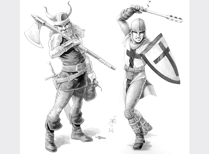 Character designs for Holy Lands role playing game. Ink wash on bristol vellum. Pencil drawing by Gabe Hernandez.