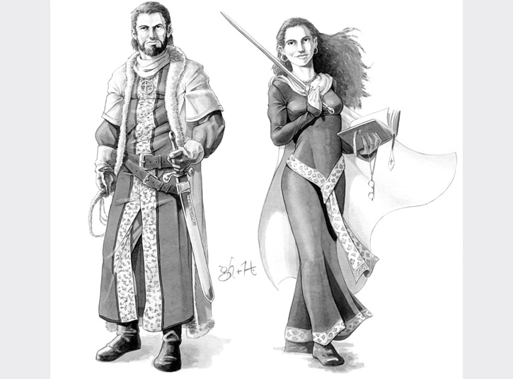 Character designs for Holy Lands role playing game. Ink wash on bristol vellum. Pencil drawing by Gabe Hernandez.