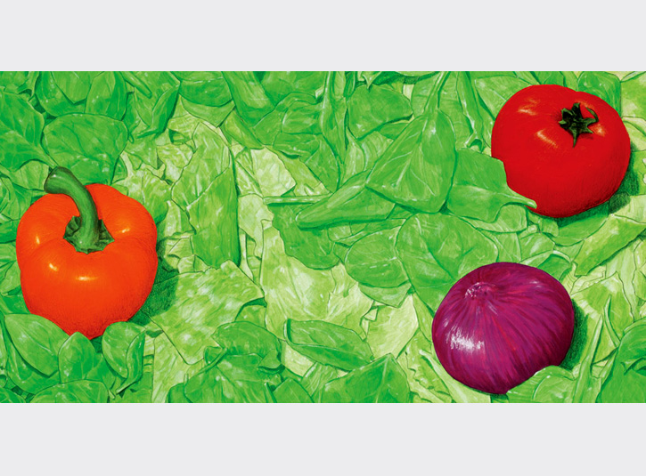 Illustration for the board background for the board game Salad Bowl. Acrylic paint and colored pencil, roughly 10 x 20.