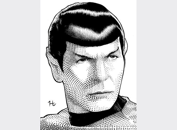Tribute to the late Leonard Nimoy. Pen and Ink on bristol plate, roughly 4 x 6.