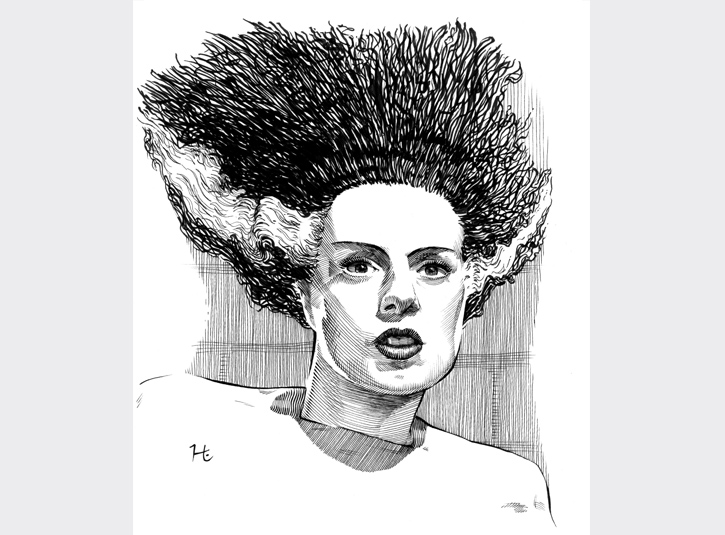 Elsa Lanchester as the Bride of Frankenstein. Pigma Microns and brush pen on bristol plate, 8 x 10.