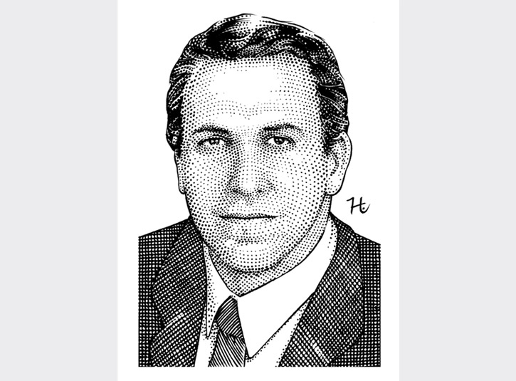 Commissioned pen and ink portrait of David Sneed, author of Everyone Has A Boss, done in the style of hedcut portraits from the Wall St. Journal.