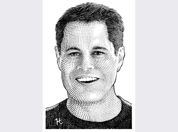 Pen and ink portrait of John Sileo, noted expert and speaker on identity theft, done in the style of hedcut portraits from the Wall St. Journal.