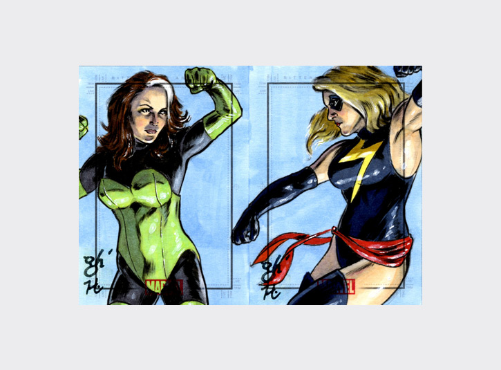 2.5 x 3.5 sketchcards from the Marvel Heroes and Villains card set by Rittenhouse Archives, 2010. My brother Gabe and I were asked to create a series of 2-card puzzles for this set as an incentive for collectors and dealers. Pencils (by Gabe), ink, and Copic markers.