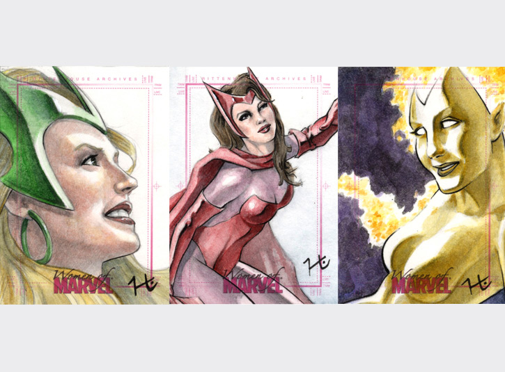 2.5 x 3.5 sketchcards from the Women of Marvel card set by Rittenhouse Archives, 2008. Pencil, ink, and watercolors.