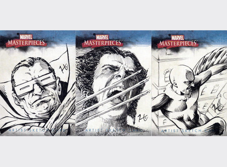 2.5 x 3.5 sketchcards from the Marvel Masterpieces card set by Upper Deck, 2007. Pen and ink.