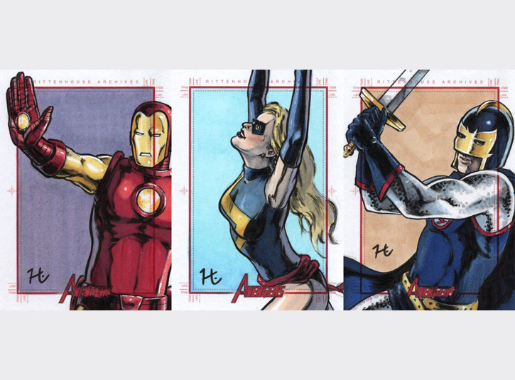 2.5 x 3.5 sketchcards from the Marvel's Greatest Heroes card set by Rittenhouse Archives, 2012. Pen and ink and Copic Markers.