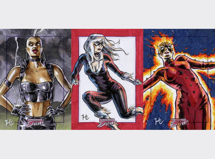 2.5 x 3.5 sketchcards from the Marvel's Dangerous Divas 2 card set by Rittenhouse Archives, 2014. Pen and ink and Copic Markers.