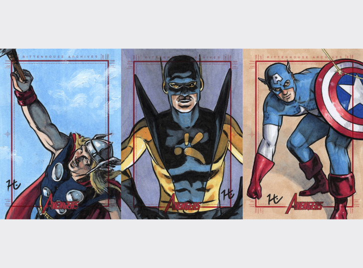 2.5 x 3.5 sketchcards from the Marvel's Greatest Heroes card set by Rittenhouse Archives, 2012. Pen and ink and Copic Markers.