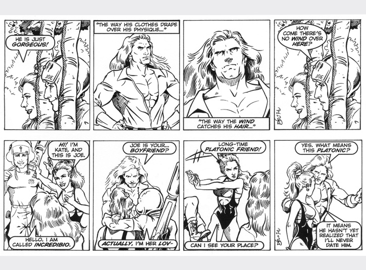 Joe quickly becomes the third wheel with Kate and his new neighbor! Original art for each strip measures 4 x 13. Pen and ink with digital lettering. Pencils by Gabe Hernandez.